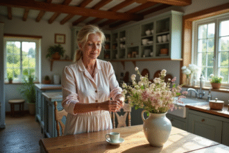 Femme d'âge moyen arrangeant des fleurs sauvages dans un vase en céramique dans une cuisine rustique