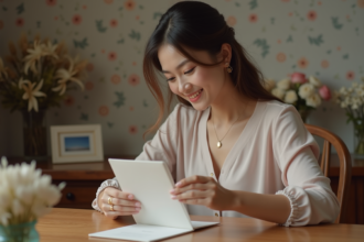 Jeune femme souriante tenant une invitation de mariage