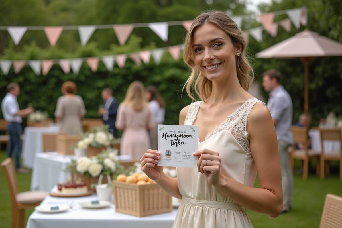 Femme élégante tenant une invitation lune de miel lors d
