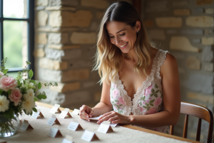 Femme souriante arrangeant des cartes de mariage sur une table rustique