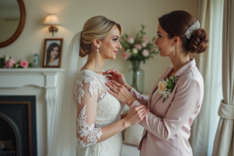 Femme élégante aidant sa fille à ajuster le voile de mariée