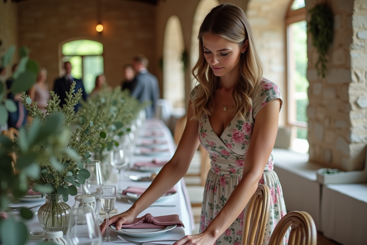 Femme arrangeant eucalyptus et rubans sur des chaises vintage