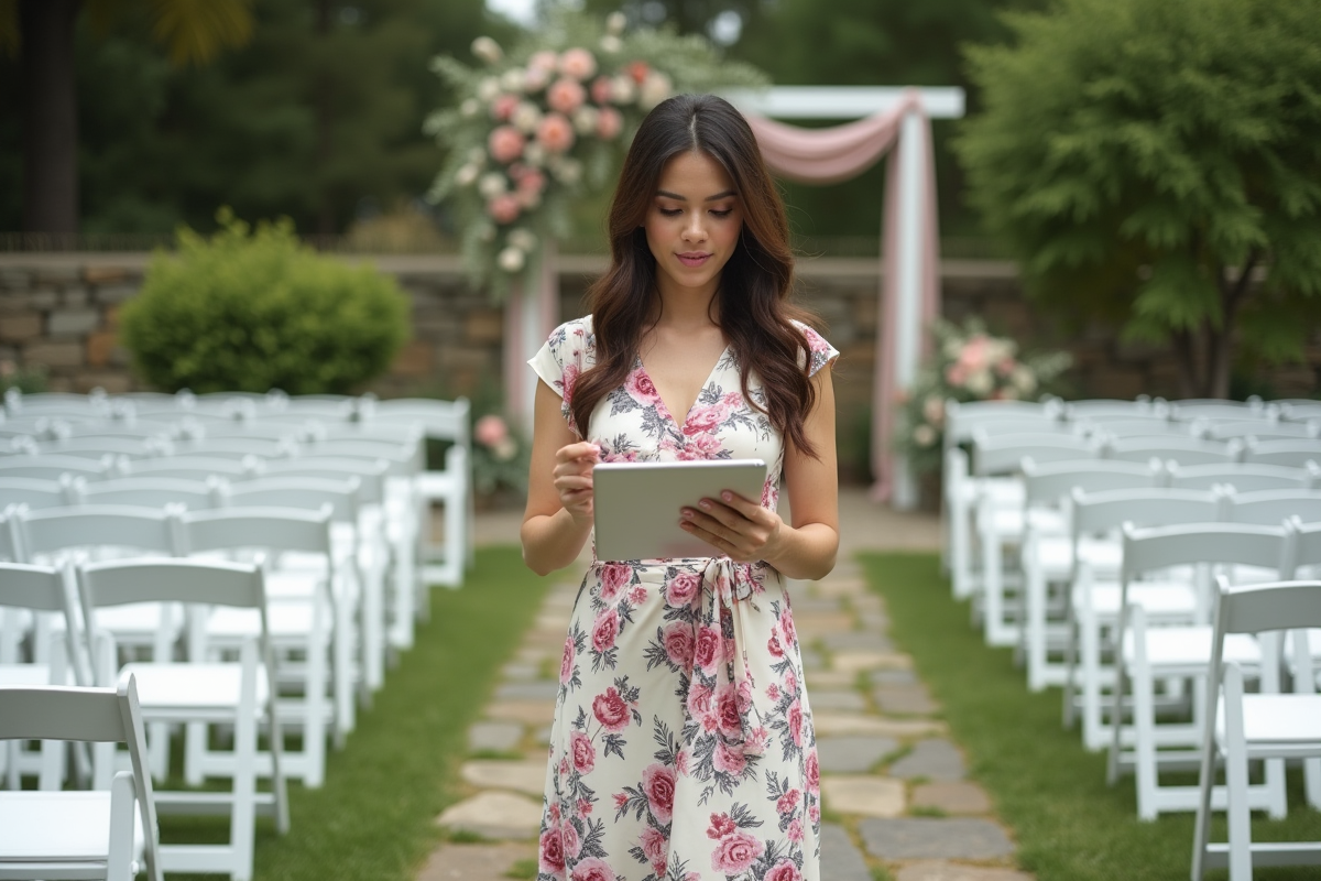 Jeune femme vérifiant un plan de mariage en extérieur