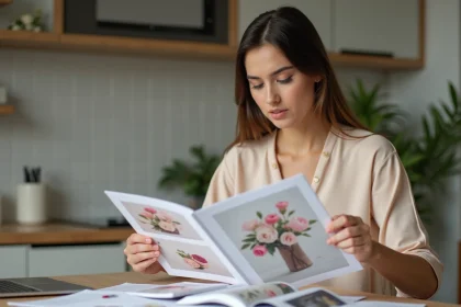 Jeune femme examine un catalogue de fleurs de mariage à la maison