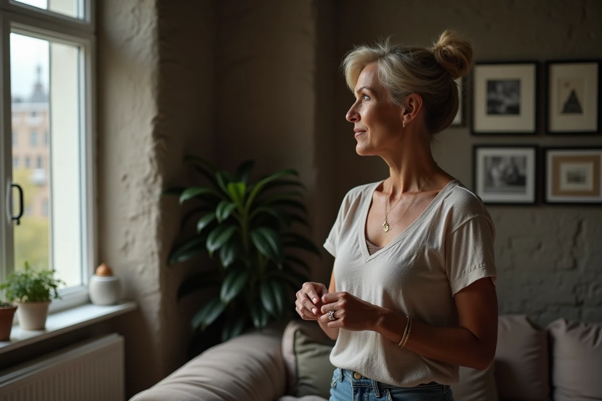Femme regardant par la fenêtre dans un salon cosy