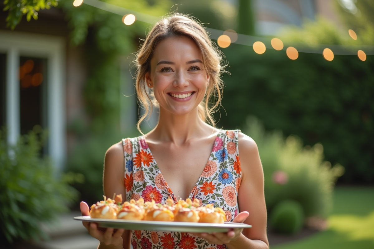 Femme souriante accueillant des invités dans un jardin