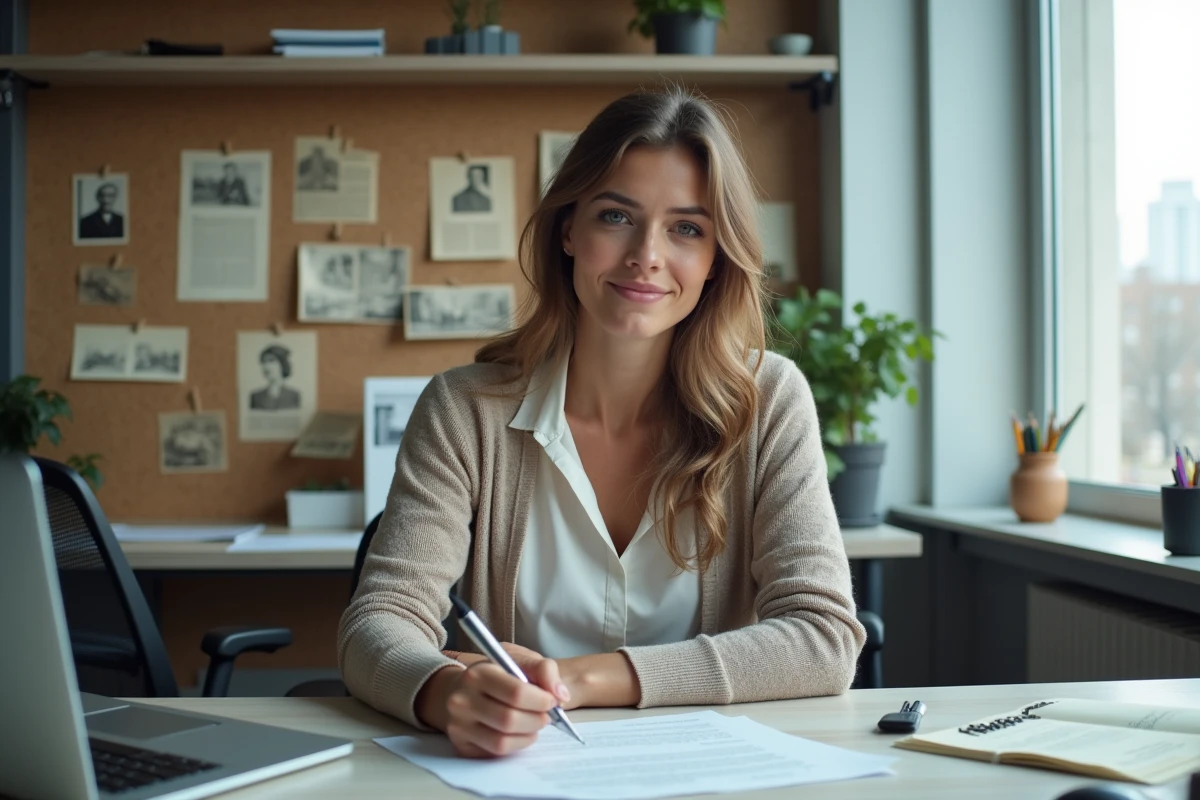 Femme en blouse regarde un ordinateur dans un espace moderne