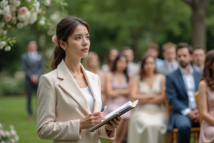 Jeune femme en costume pastel lors d'un mariage en extérieur