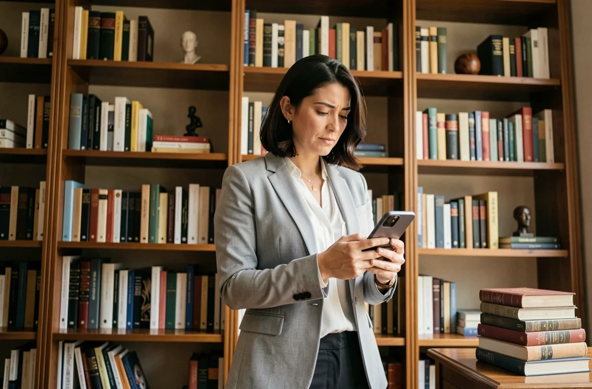 Femme consultante son téléphone devant une bibliothèque, air perplexe, symbolisant la recherche de vérité sur les rumeurs de mariage de Julie Fuchs