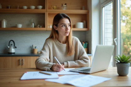 Jeune femme en cuisine avec ordinateur et carnet