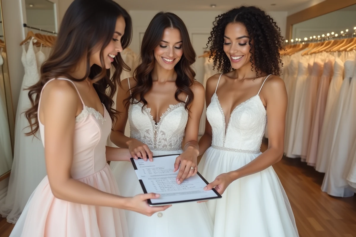 Trois femmes discutant en essayant des robes de mariage modernes