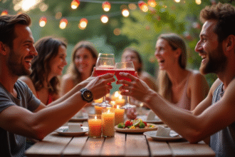 Groupe d'amis riant lors d'une fête dans un jardin