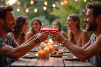 Groupe d'amis riant lors d'une fête dans un jardin