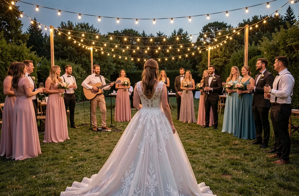 Fête de mariage en plein air avec guirlandes, guitare et robe volumineuse vue de dos