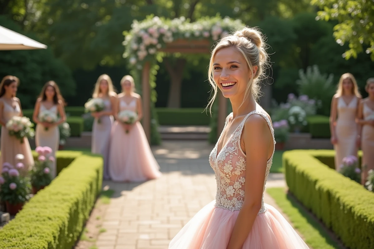 Fille en robe pastel souriante avec ses amies dans un jardin