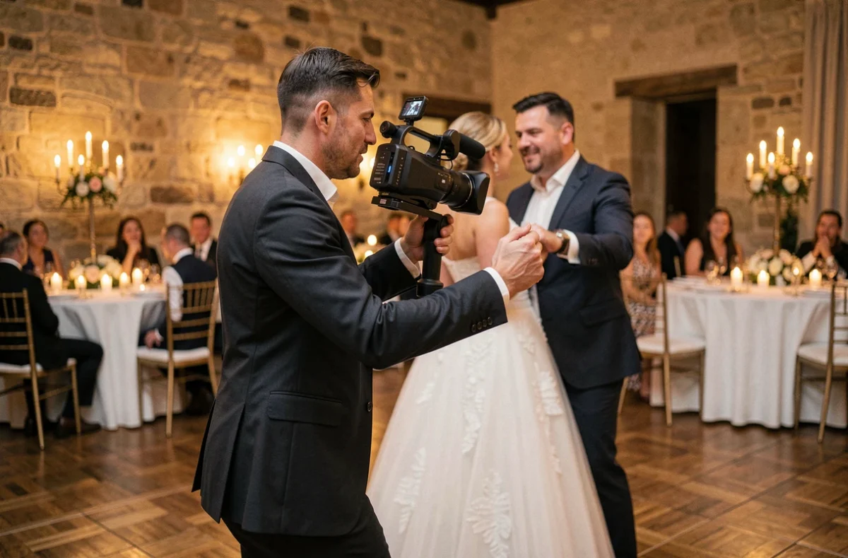 Vidéaste de mariage filmant une première danse en salle à Bordeaux avec un gimbal