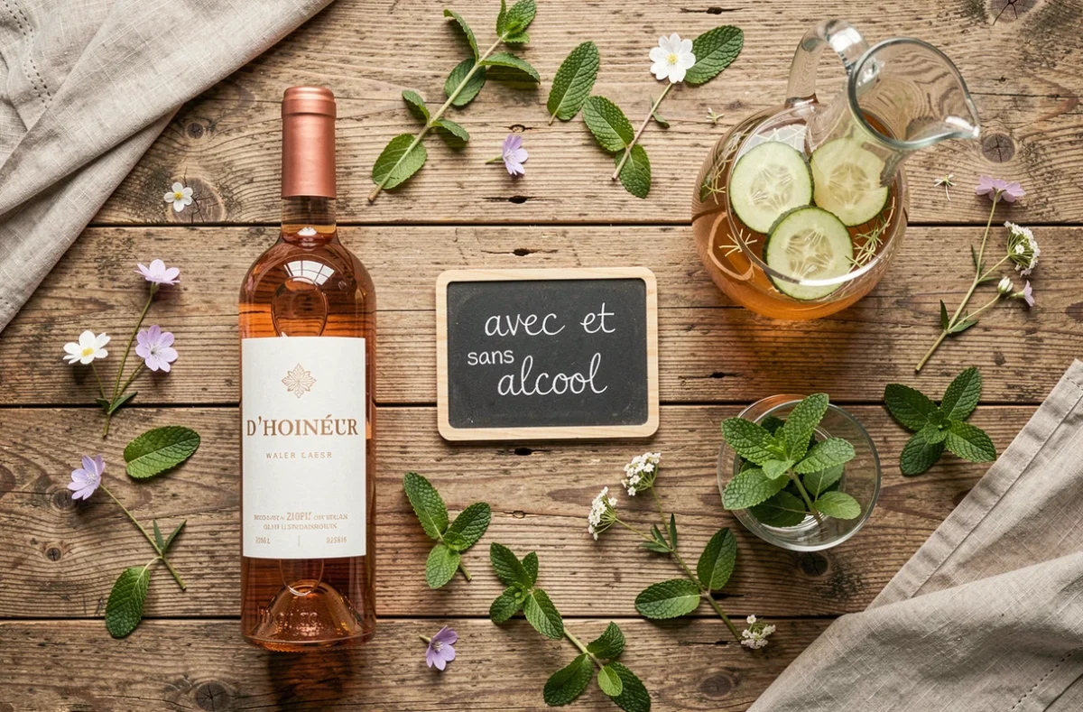 Flat-lay de boissons avec et sans alcool pour un vin d'honneur mariage petit budget sur table en bois rustique
