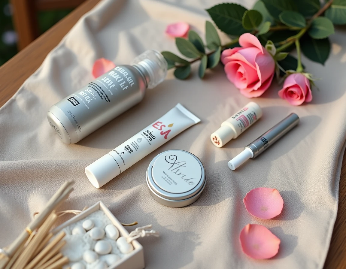 Flat lay des essentiels d'un kit de survie mariée pour mariage en plein air disposés sur un tissu en lin naturel avec pétales de roses et eucalyptus