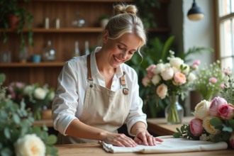 Femme fleuriste arrangeant un bouquet de mariage dans une boutique lumineuse