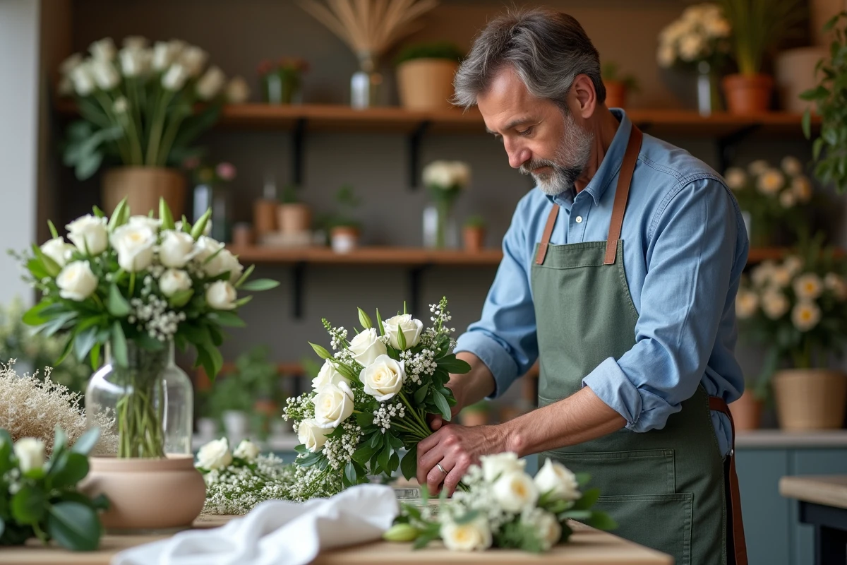 Fleuriste professionnel assemble un bouquet de mariage avec des roses blanches
