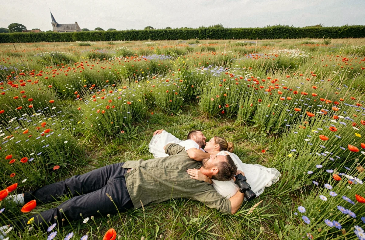 Florent Fauqueux Photographe allongé dans un champ de fleurs sauvages pour capturer un couple de mariés en pleine nature près de La Rochelle