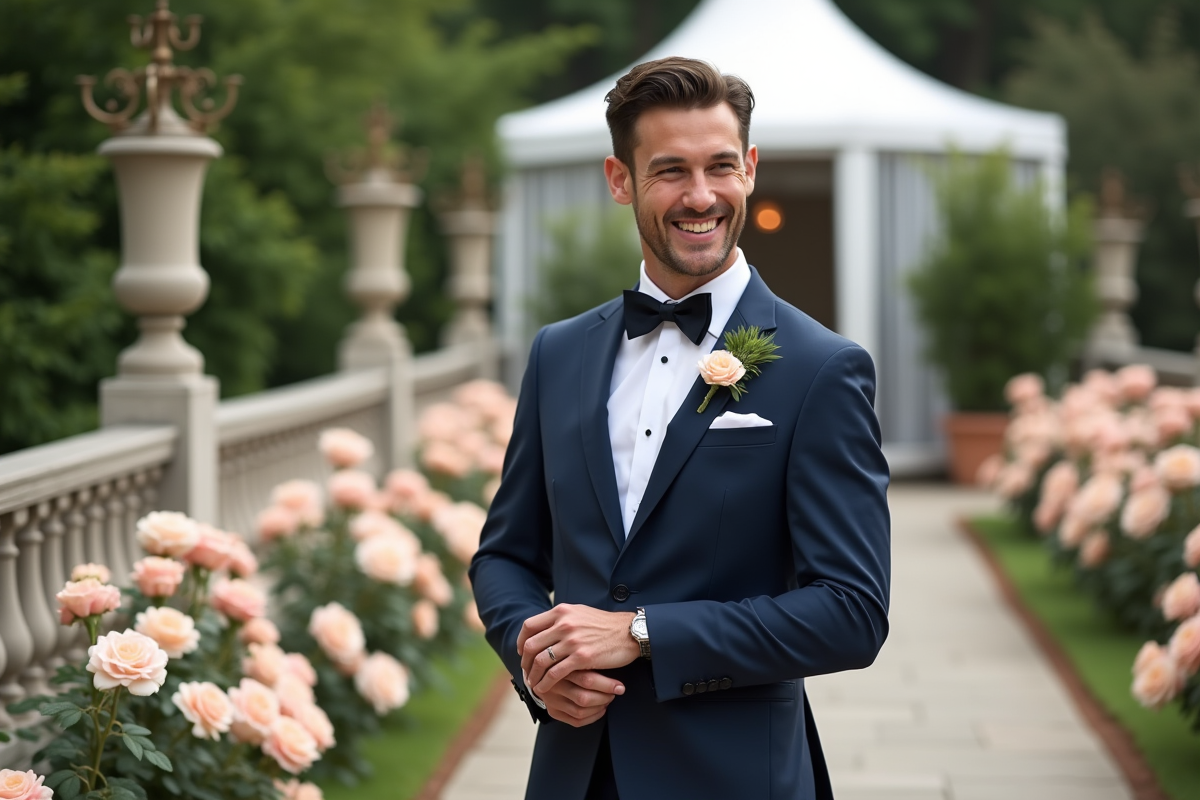 Groom en costume bleu marine ajustant ses manchettes en extérieur