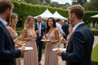 Groupe d'amis élégants dans un jardin pour un événement