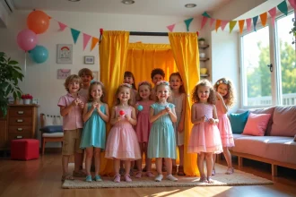 Enfants souriants autour d'une cabine photo moderne lors d'une fête d'anniversaire