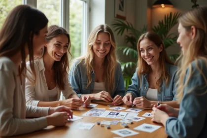 Groupe de femmes jouant à des jeux EVJF dans une cuisine moderne