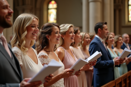 Groupe d'invites de mariage chantant dans une église élégante