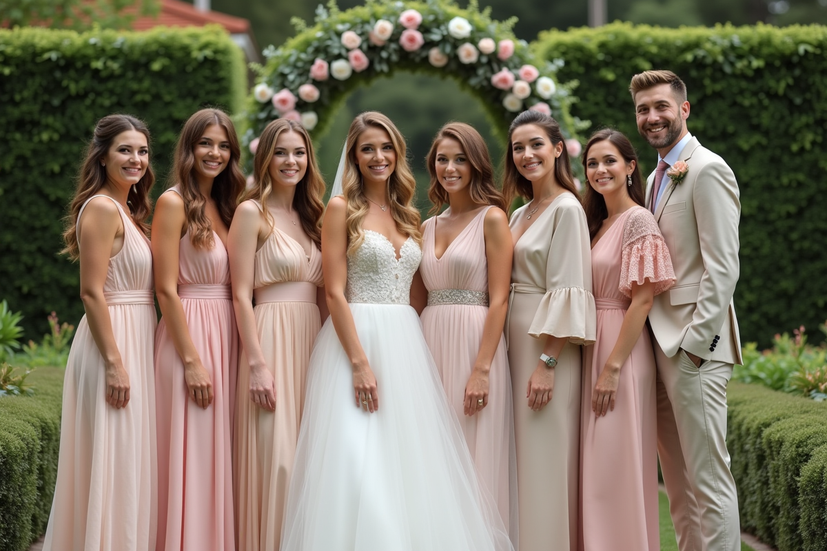 Groupe de mariés et témoins dans un jardin festif