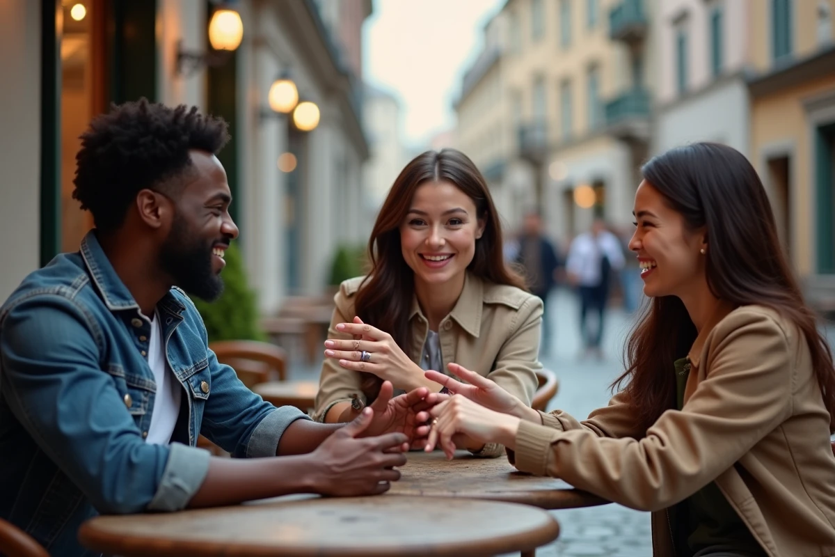 Groupe multiculturel de trois adultes en terrasse de café discutant de la signification des bagues portées sur différents doigts selon leurs cultures