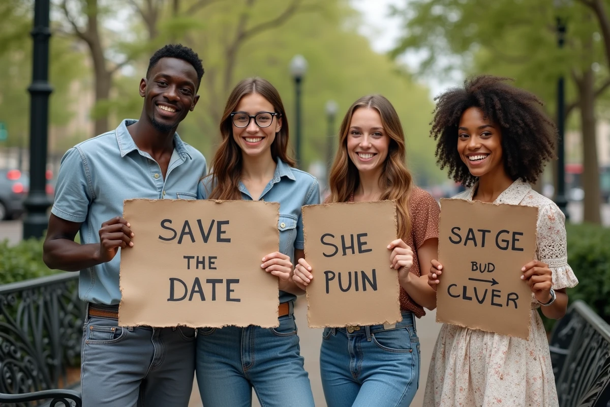 Groupe d amis posant avec panneaux save the date à Paris