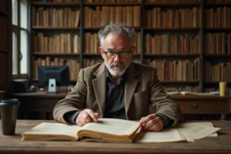 Historien en tweed examine des documents anciens dans un bureau