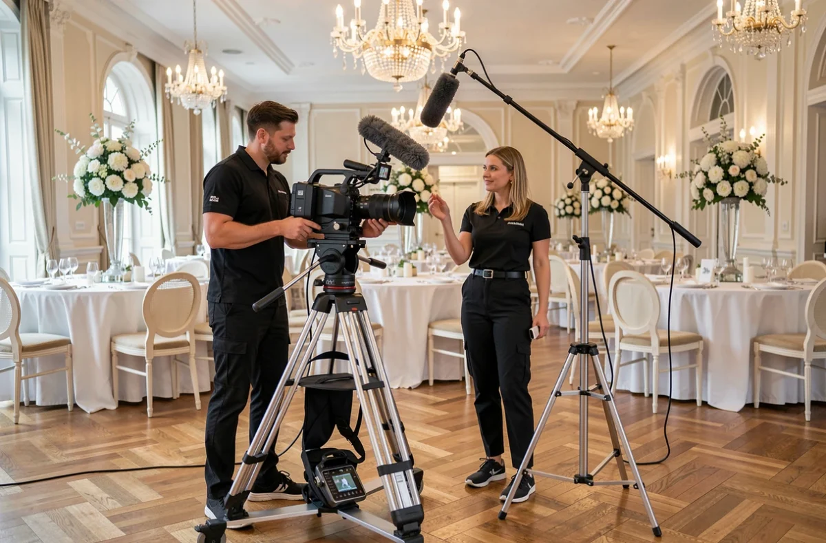 Équipe de studio vidéo événementiel installant un dispositif de tournage pour un mariage