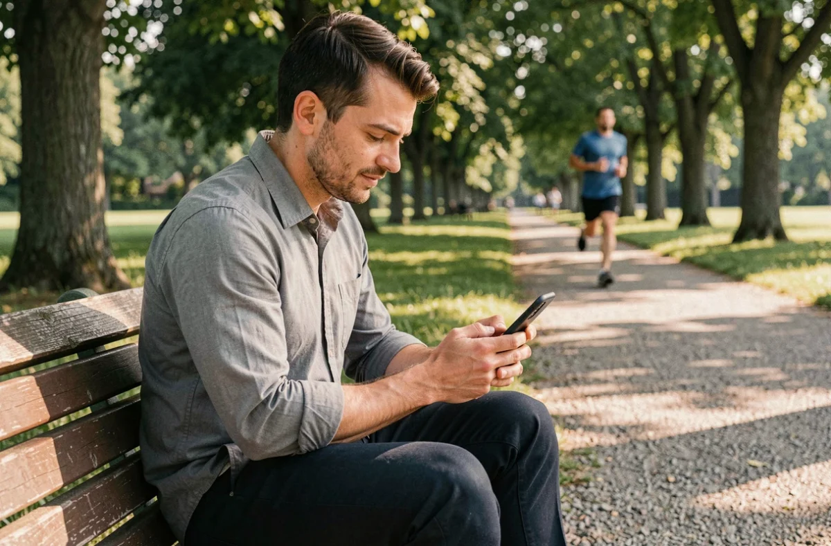 Homme seul sur un banc de parc regardant son téléphone avec une expression pensive et pleine d'espoir en début de relation