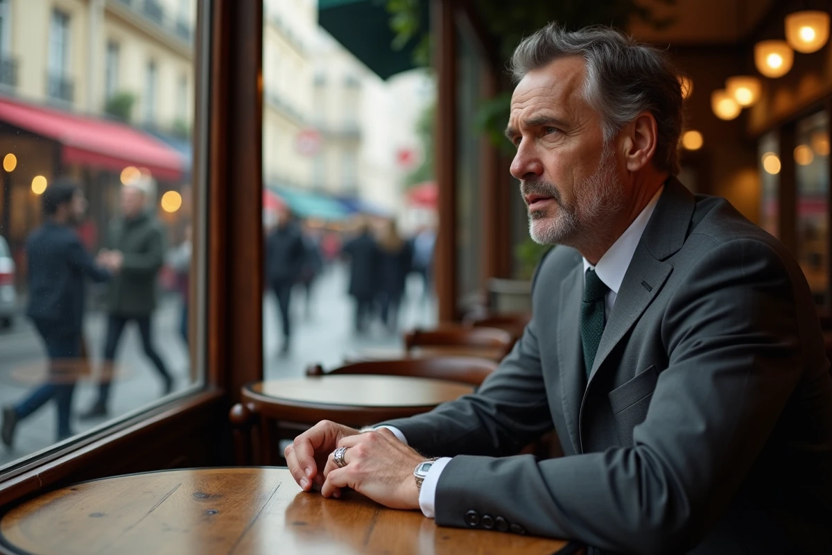 Homme en costume pensif dans un café parisien