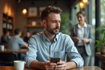 Homme pensif au café avec téléphone et femme passant