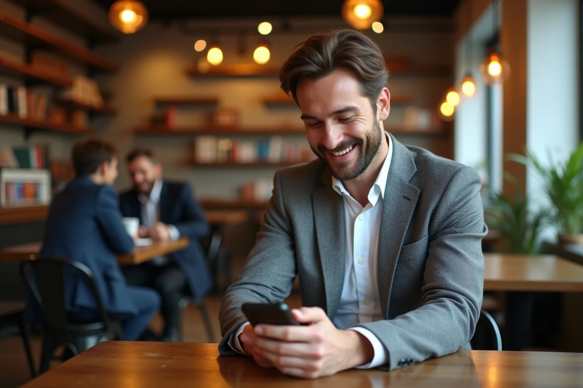 Homme souriant regardant son smartphone dans un café chaleureux