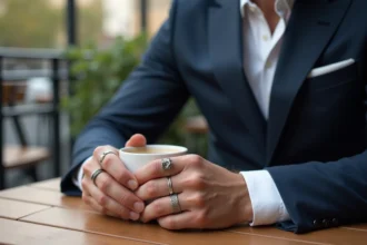 Homme en costume avec anneaux élégants au café