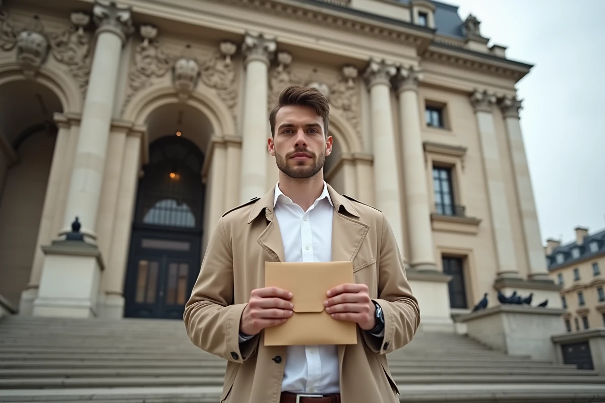 Homme tenant un dossier de recours devant un bâtiment administratif français après refus de visa mariage