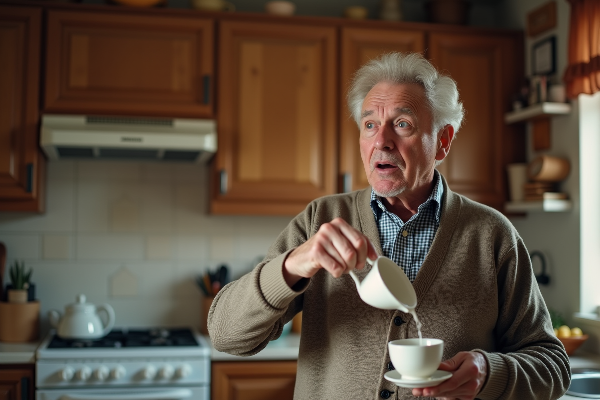 Homme âgé surpris en train de faire tomber une tasse dans la cuisine