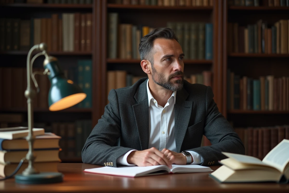 Homme intellectuel en blazer assis à un bureau en bois entouré de livres ouverts dans une bibliothèque privée