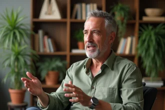 Homme en interview télévisée évoquant sa vie personnelle avec discrétion et naturel