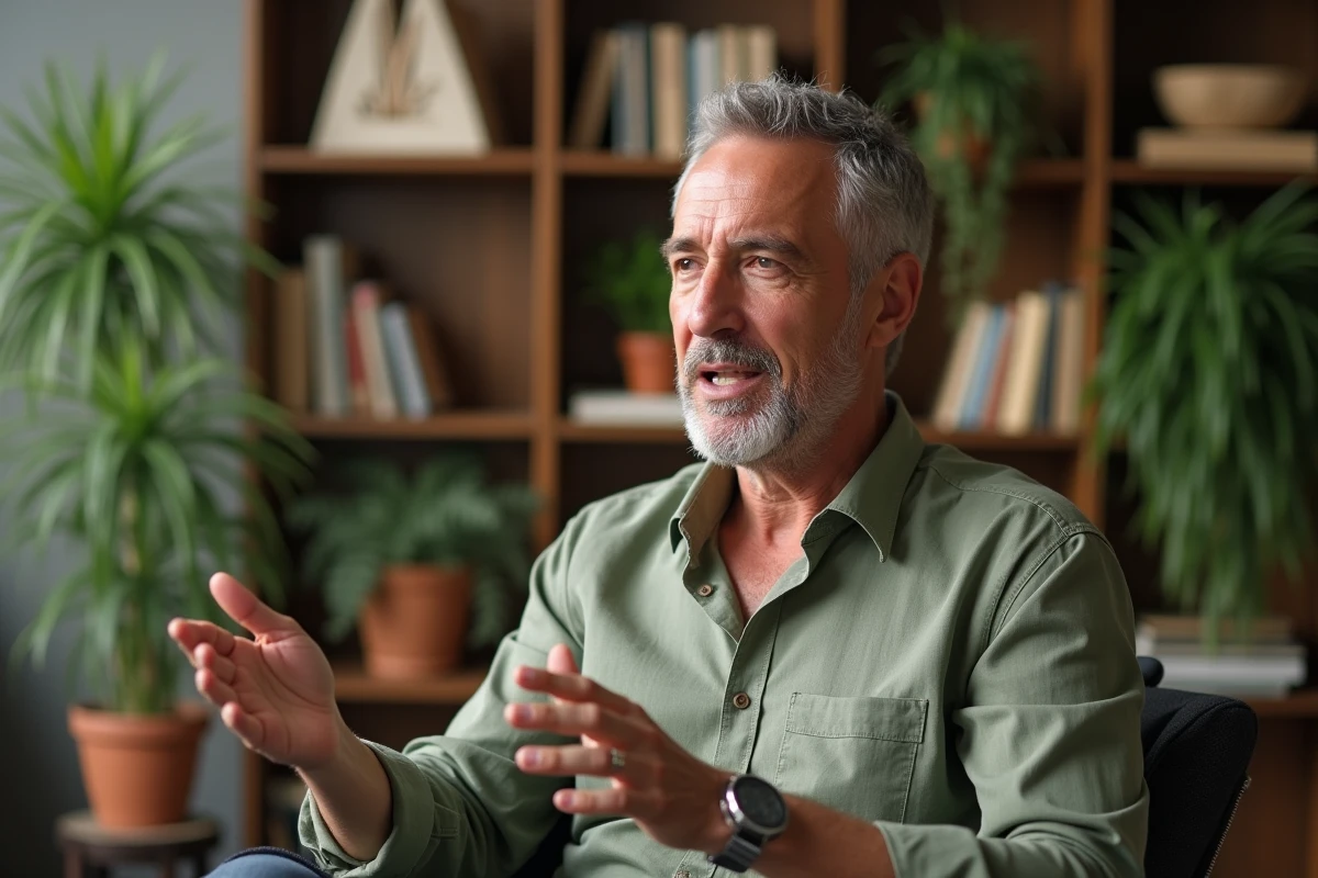 Homme en interview télévisée évoquant sa vie personnelle avec discrétion et naturel