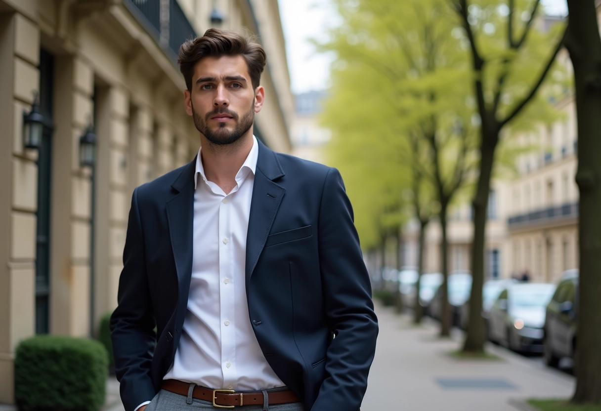 Jeune homme professionnel marchant dans une rue parisienne