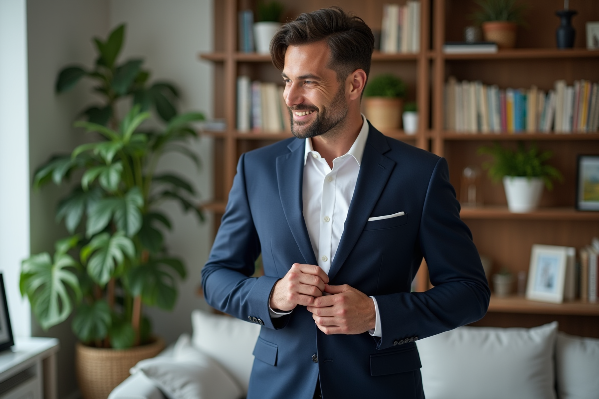 Homme en costume bleu ajusté ajustant sa bague de mariage dans un intérieur moderne