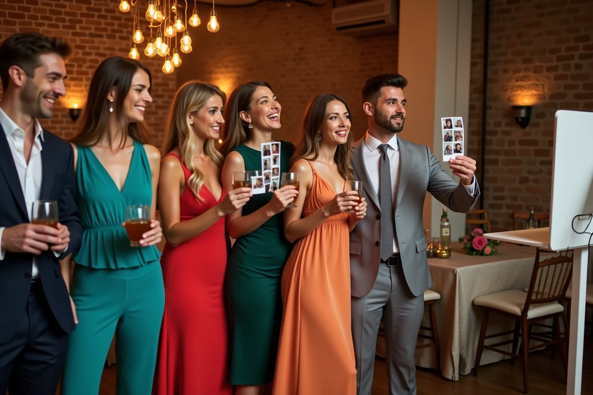Groupe d'invités de mariage tenant des bandes photo imprimées devant une borne photobooth KRUU dans une salle de réception
