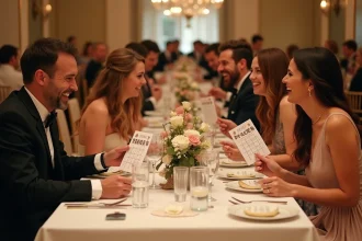 Groupe de convives lors d'un mariage jouant à un jeu de société personnalisé avec des cartes illustrant les 12 mois de l'année