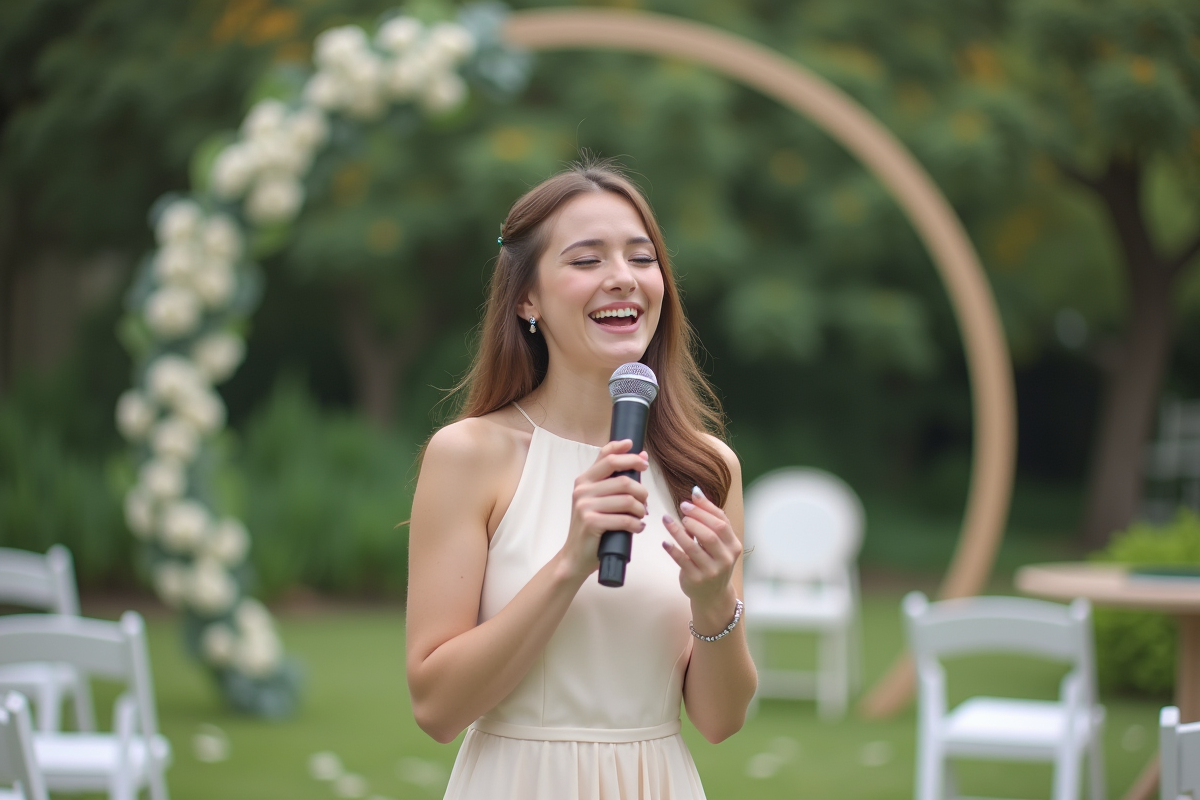 Jeune chanteuse de mariage en extérieur avec micro et décor floral